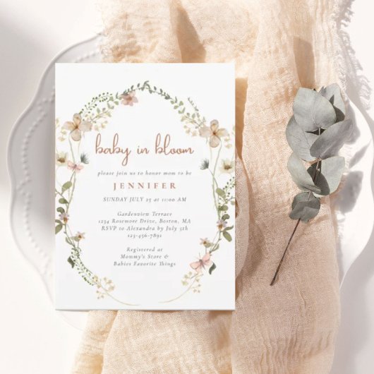 ベビーの開花水色ワイルドフラワーベビーシャワー 招待状