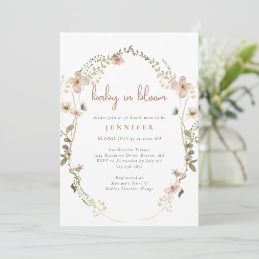 ベビーの開花水色ワイルドフラワーベビーシャワー 招待状 (スタンド正面)