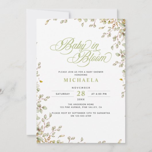 ベビーの開花素朴の赤ちゃんシャワー水の色葉の 招待状 (正面)