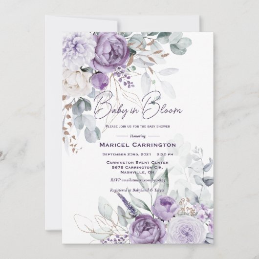ベビーの開花紫色の水の色の赤モダンちゃんシャワー 招待状 (正面)