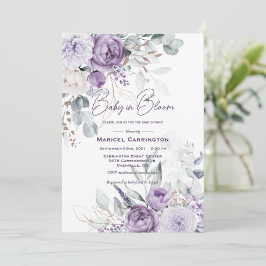 ベビーの開花紫色の水の色の赤モダンちゃんシャワー 招待状 (スタンド正面)