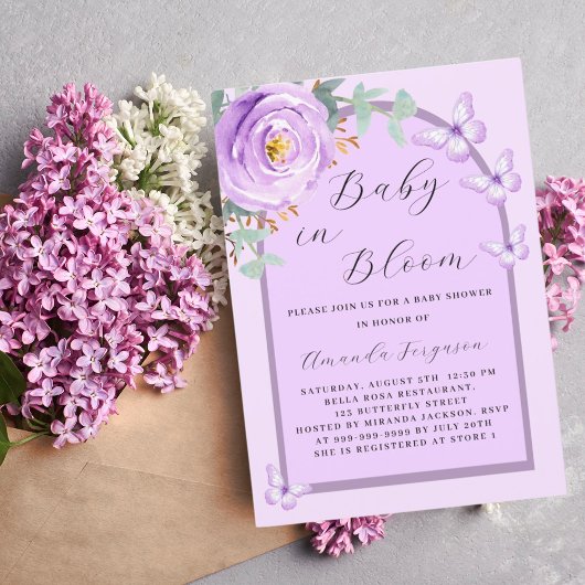 ベビーの開花紫色の蝶のアーチ赤ちゃんシャワー 招待状