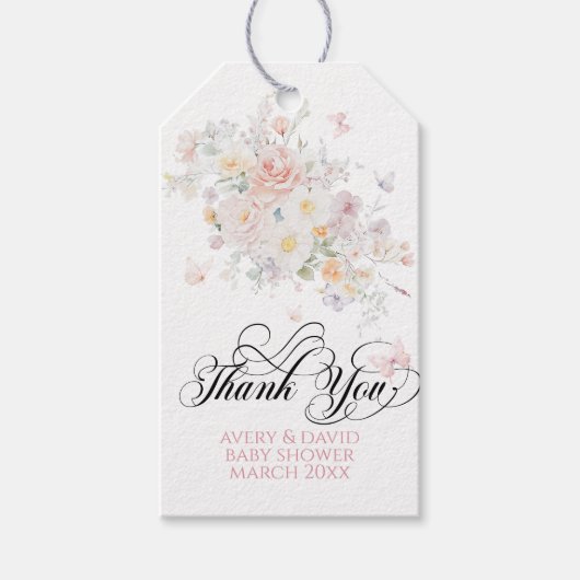 ベビーの開花野生の花蝶の赤ちゃんシャワー ギフトタグ (正面)