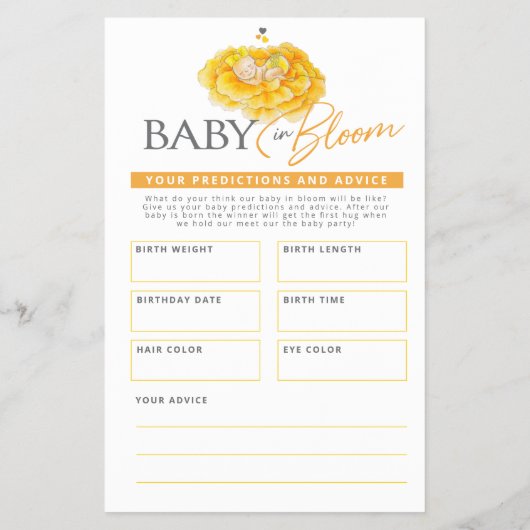 ベビーの開花黄色の赤ちゃんシャワーのビンゴ予測 チラシ (裏面)