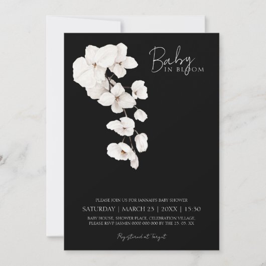 ベビーの開花黒と白の蘭の赤ちゃんシャワー 招待状 (正面)