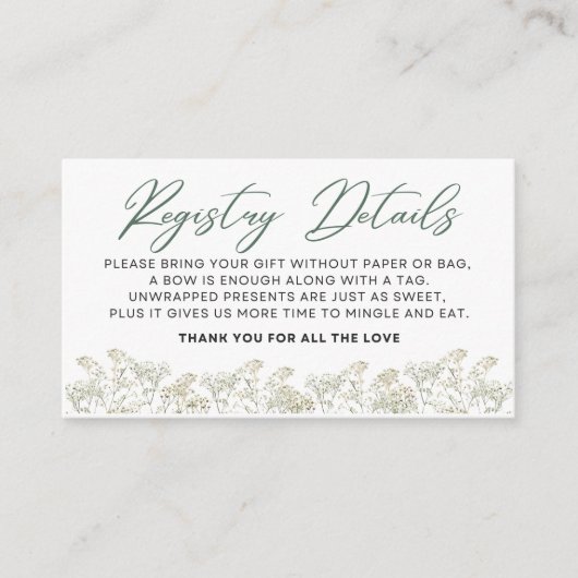 ベビーの開花 – レジストリ詳細 – 緑 エンクロージャーカード (正面)