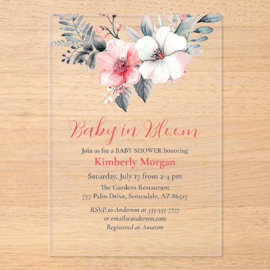 ベビーの開花、花、男の子または女の子の赤のシャワー アクリル招待状 (正面)