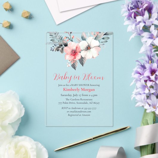 ベビーの開花、花、男の子または女の子の赤のシャワー アクリル招待状 (インサイチュ (ウェディング))