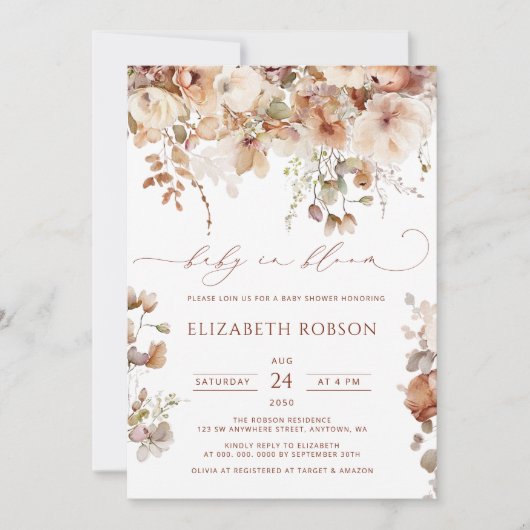 ベビーの開花Boho水の色のフローラベビーシャワー 招待状 (正面)