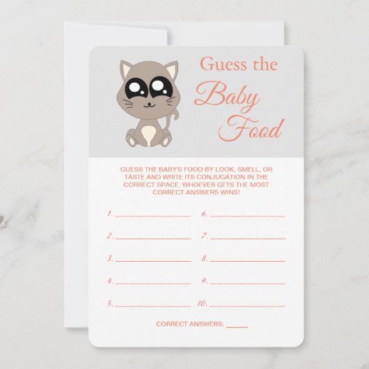ベビーの食べ物、ベビーシャワー、猫のゲームカードを推測 招待状 (正面)