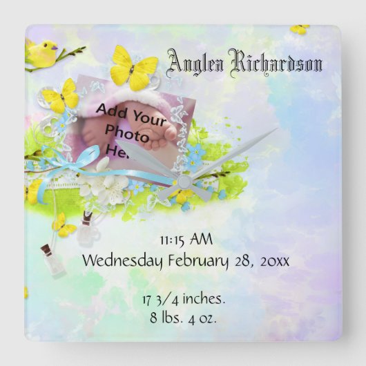 ベビーの黄色い鳥および蝶写真フレーム スクエア壁時計 (正面)