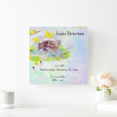 ベビーの黄色い鳥および蝶写真フレーム スクエア壁時計 (ホーム)