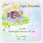 ベビーの黄色の鳥と蝶のフォトフレーム スクエアシール (正面)