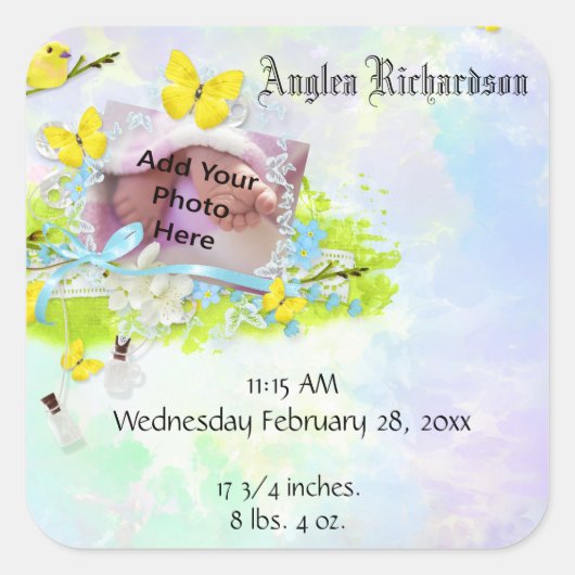 ベビーの黄色の鳥と蝶のフォトフレーム スクエアシール (正面)