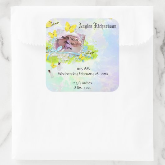 ベビーの黄色の鳥と蝶のフォトフレーム スクエアシール (バッグ)