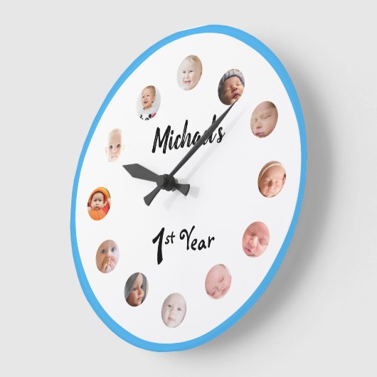 ベビーの1年目12ヶ月の写真誕生日 ラージ壁時計 (傾斜)
