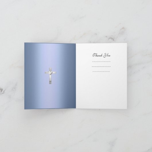 ベビーの《キリスト教》洗礼式や命名式の洗礼の男の子の青の銀ありがとう サンキューカード (内部)