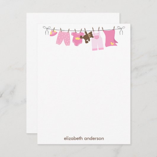 ベビーのClotheslineの平たい箱は感謝していしていますノート{ピンク} ノートカード (正面/裏面)