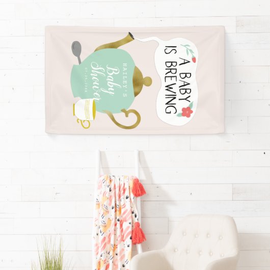 ベビーはかわいいピンクおよび緑茶のパーティーを醸造しています 横断幕 (インサイチュ)