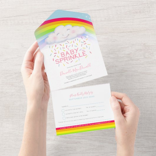 ベビーはかわいい雲水の色と虹を散らす オールインワン招待状 (貼ってはがせる)