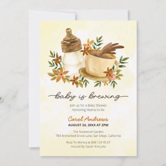 ベビーはコーヒーとベビーボトルベビーシャワーを醸造している 招待状 (正面)