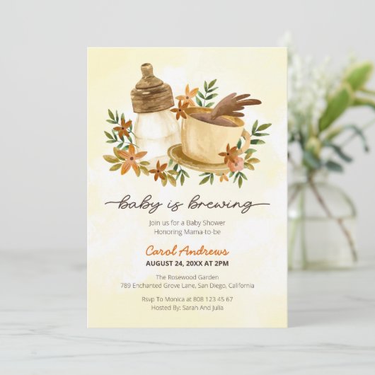 ベビーはコーヒーとベビーボトルベビーシャワーを醸造している 招待状 (スタンド正面)