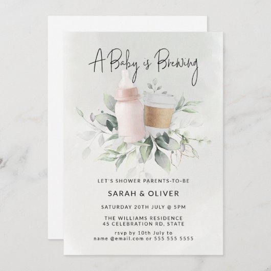 ベビーはコーヒーの緑の女の子ベビーシャワーを醸造している 招待状 (正面/裏面)