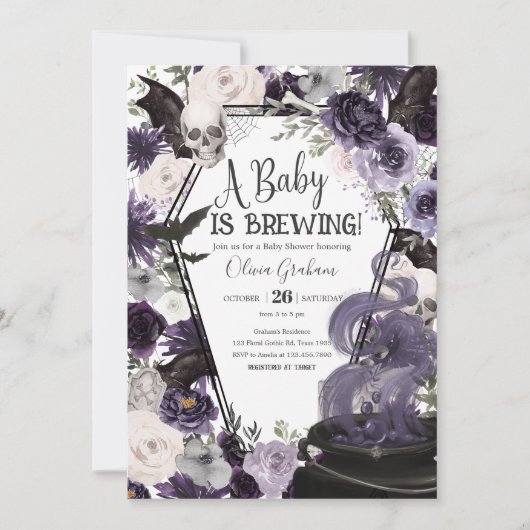 ベビーはゴシック様式のハロウィーンベイビーシャワーを醸造している 招待状 (正面)
