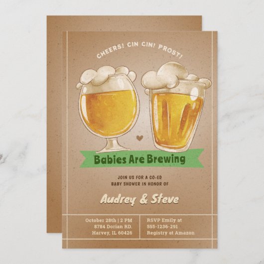 ベビーはツインビールの赤ちゃんシャワーを醸造している 招待状 (正面/裏面)