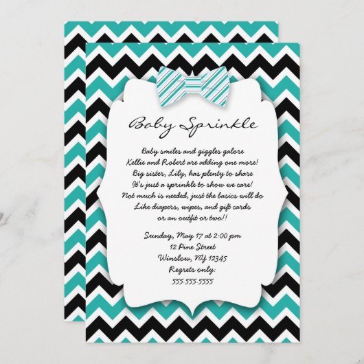 ベビーはティール（緑がかった色）の緑の黒いBowtieのベビーシャワーを振りかけます 招待状 (正面/裏面)