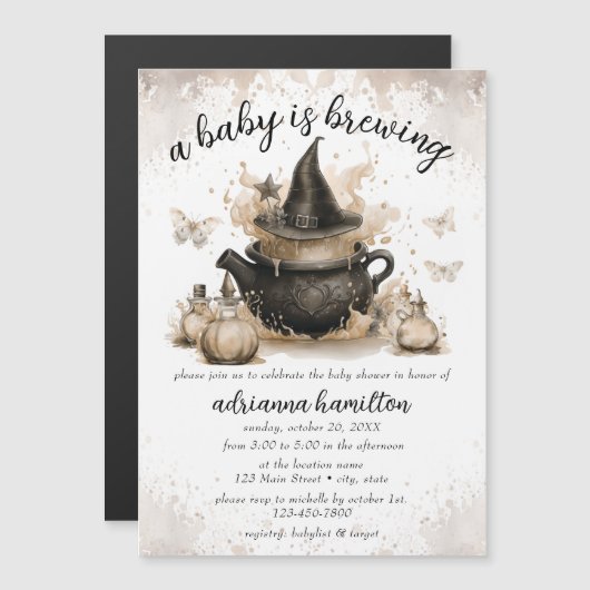 ベビーはニュートラルなハロウィーンの赤ちゃんシャワーを醸造している マグネット招待状 (正面/裏面)