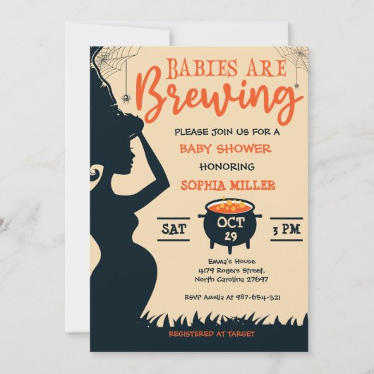 ベビーはハロウィーン魔女の赤ちゃんシャワーを醸造している 招待状 (正面)