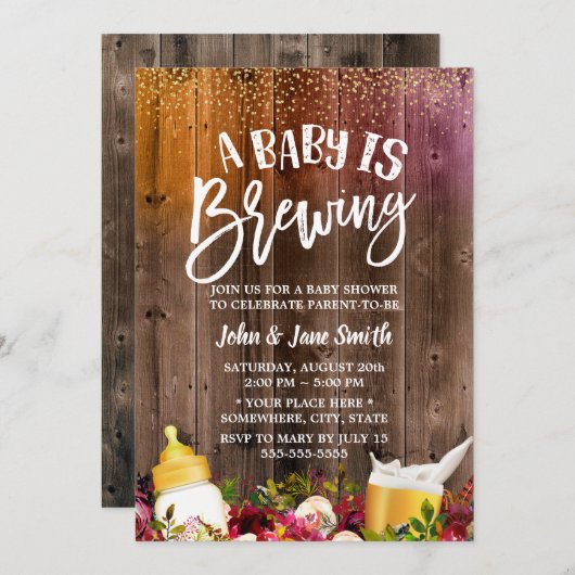 ベビーはビールと花素朴の赤ちゃんシャワーを醸造 招待状 (正面/裏面)