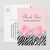 ベビーはピンクのリボンおよびレースのシマウマのプリント感謝していしています ポストカード (正面/裏面)