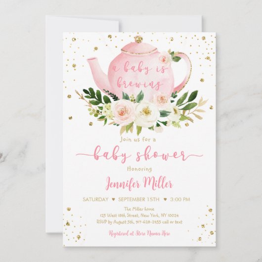 ベビーはピンクの金ゴールド茶の赤ちゃんシャワーを醸造している 招待状 (正面)