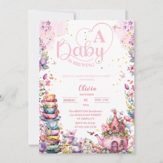 ベビーはピンクの金ゴールド茶の赤ちゃんシャワーを醸造している 招待状 (正面)