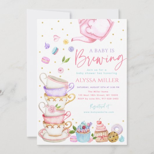 ベビーはピンク茶の赤ちゃんシャワーを醸造している 招待状 (正面)
