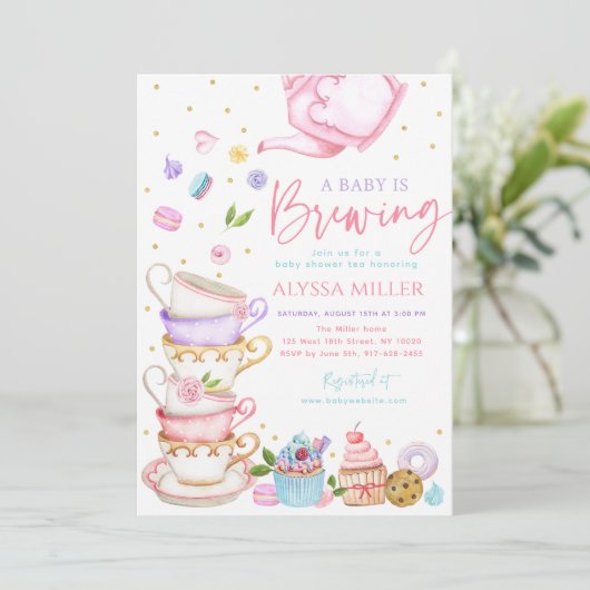 ベビーはピンク茶の赤ちゃんシャワーを醸造している 招待状 (スタンド正面)