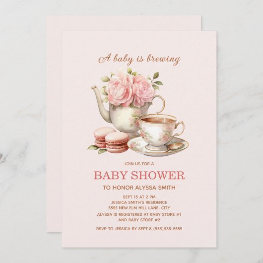 ベビーはブルーイングピンクのフローラベビーガール 招待状 (正面/裏面)