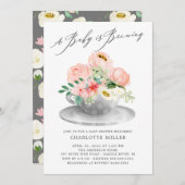 ベビーはブルーイングピンクペオニーフローラベビー茶 招待状 (正面/裏面)