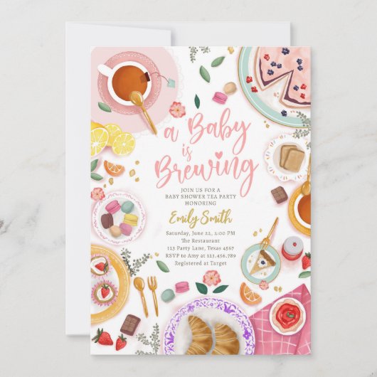 ベビーはブルーイング女の子ピンク茶パーティー赤ちゃんシャワー 招待状 (正面)