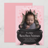 ベビーはブルーイング魔女の誕生の発表ピンクの女の子 招待状 (正面/裏面)