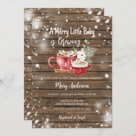 ベビーはホットチョコレートウッドベビーシャワーを醸造している 招待状 (正面/裏面)