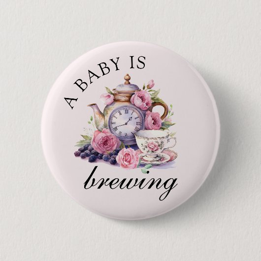 ベビーはヴィンテージティーポットとティーカップピンクを醸造 缶バッジ (正面)