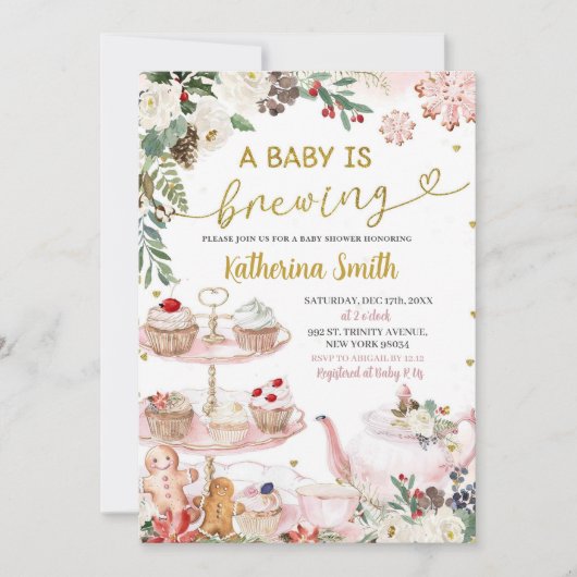 ベビーは冬のクリスマスティーベビーシャワーIを醸造している 招待状 (正面)