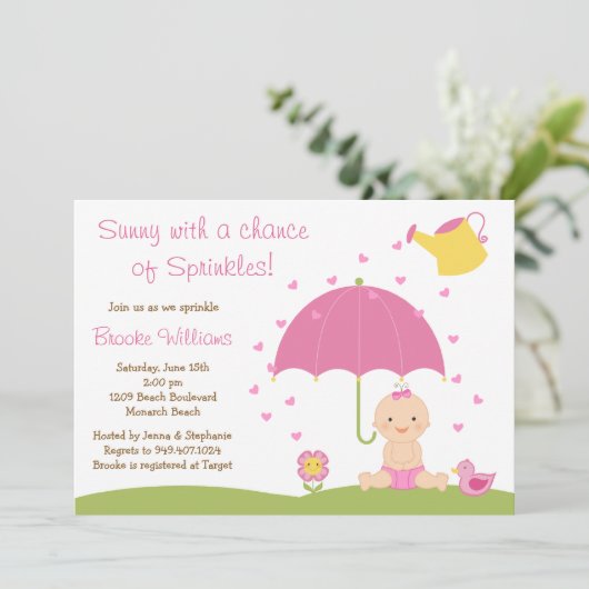 ベビーは女の赤ちゃんのためのシャワーの招待状を振りかけます 招待状 (スタンド正面)