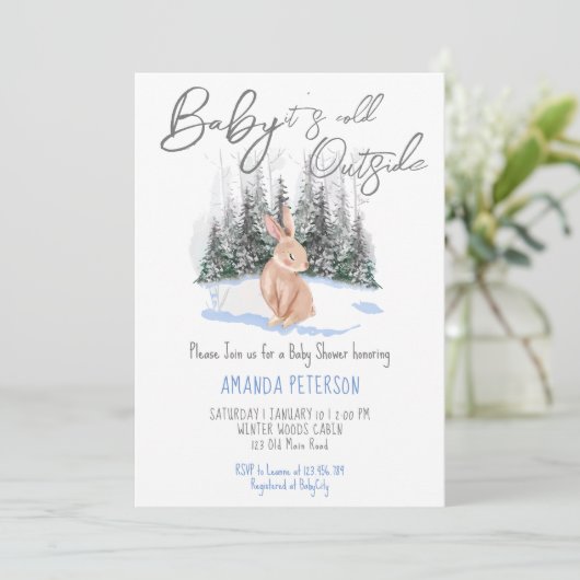 ベビーは寒い外の冬のバニーの赤ちゃんシャワー 招待状 (スタンド正面)