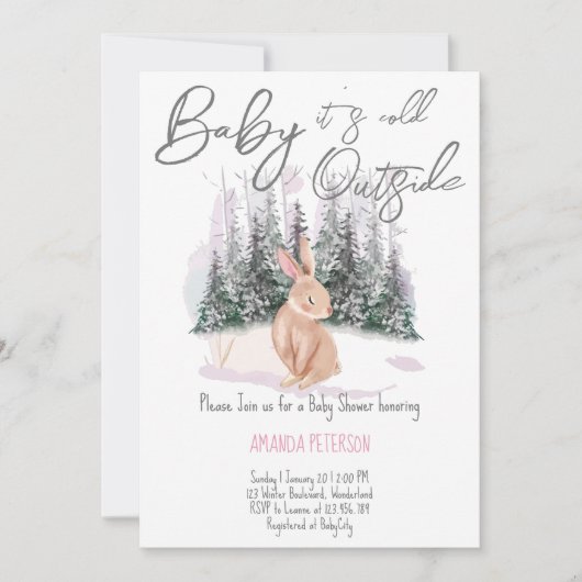 ベビーは寒い外の冬のバニーの赤ちゃんシャワー 招待状 (正面)
