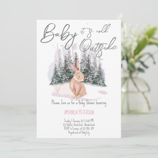 ベビーは寒い外の冬のバニーの赤ちゃんシャワー 招待状 (スタンド正面)