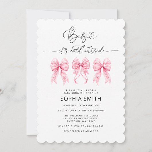 ベビーは寒い外ピンク弓ガールベイビーシャワー 招待状 (正面)